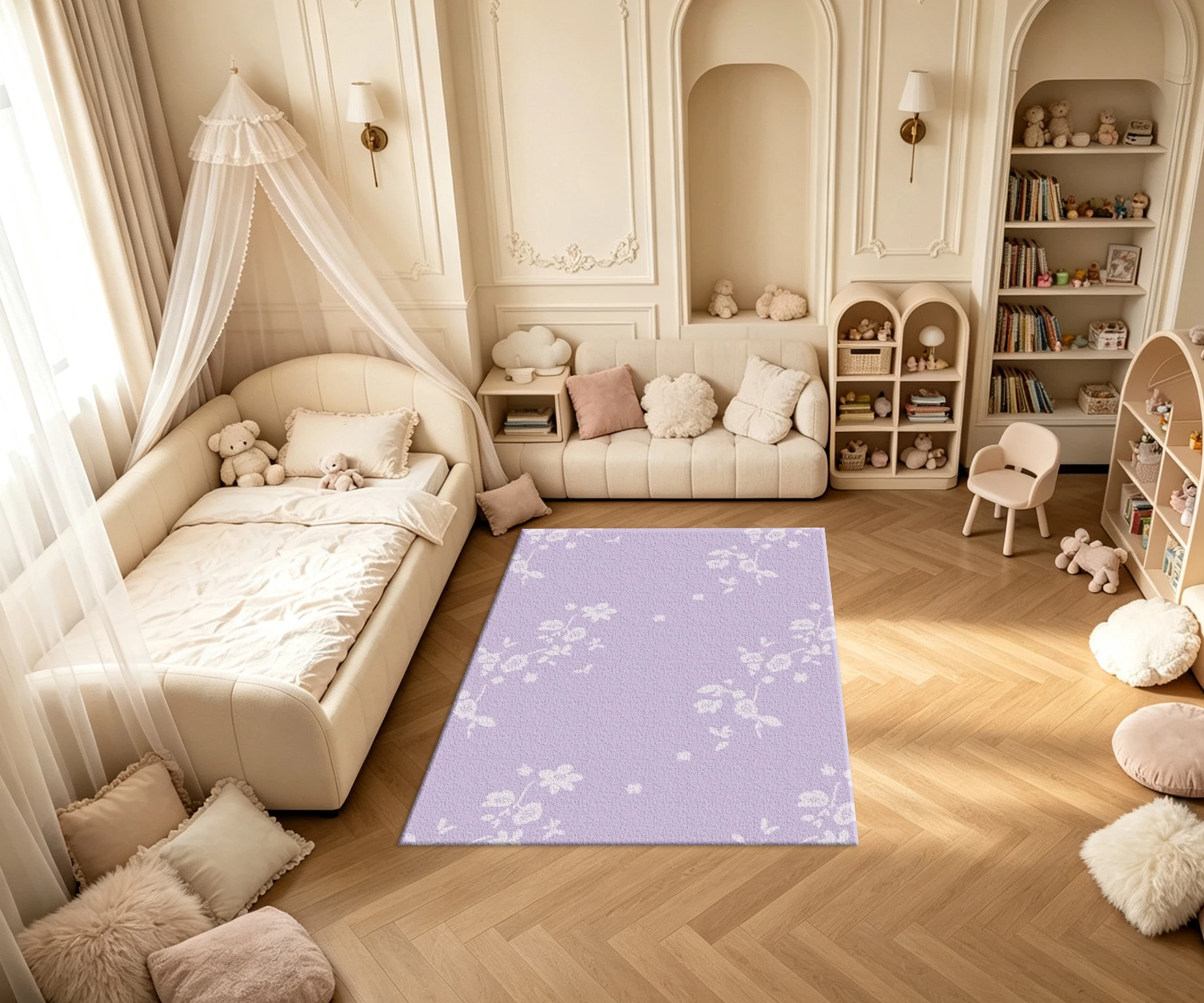 Light Purple Subtle White Floral Carpet Flooring Delicate Simple Blossom Seamless Printed Square Area Rug for Indoor Decoration