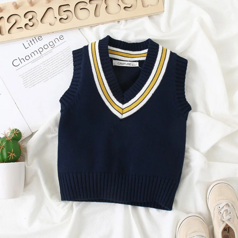 V-neck Children's Knitted Vest Sweater for Girls Boys Top Clothing Baby Kids School Uniform Pullover Bottoming shirt