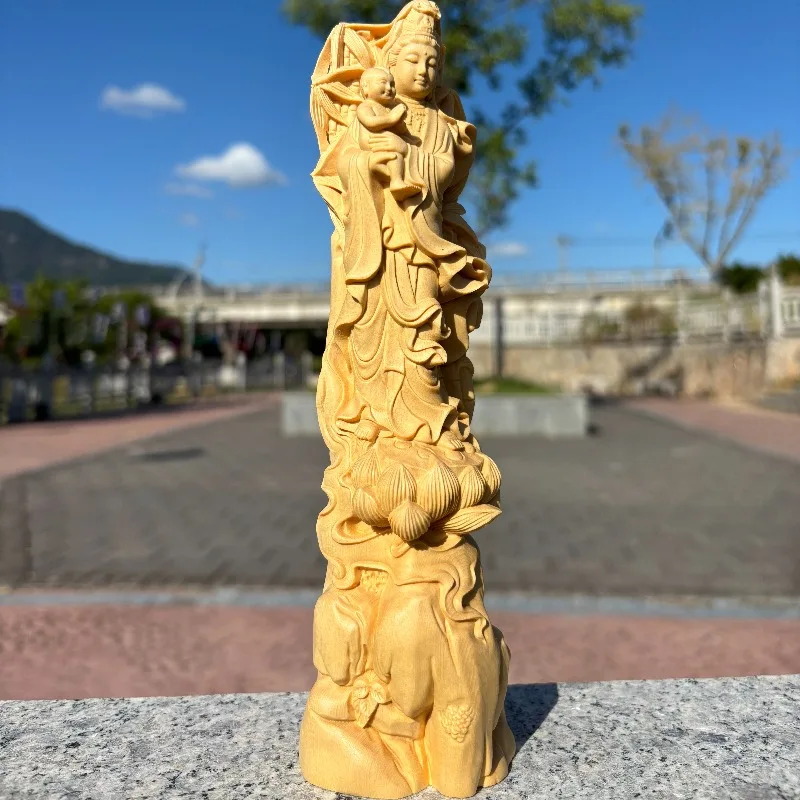 Hand-Carved Hinoki Wood Guanyin Statue - 9