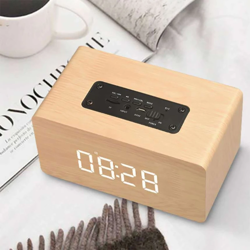 Wooden Bluetooth Speaker Alarm Clock Hifi Surround Sound Multifunctional Double Horn