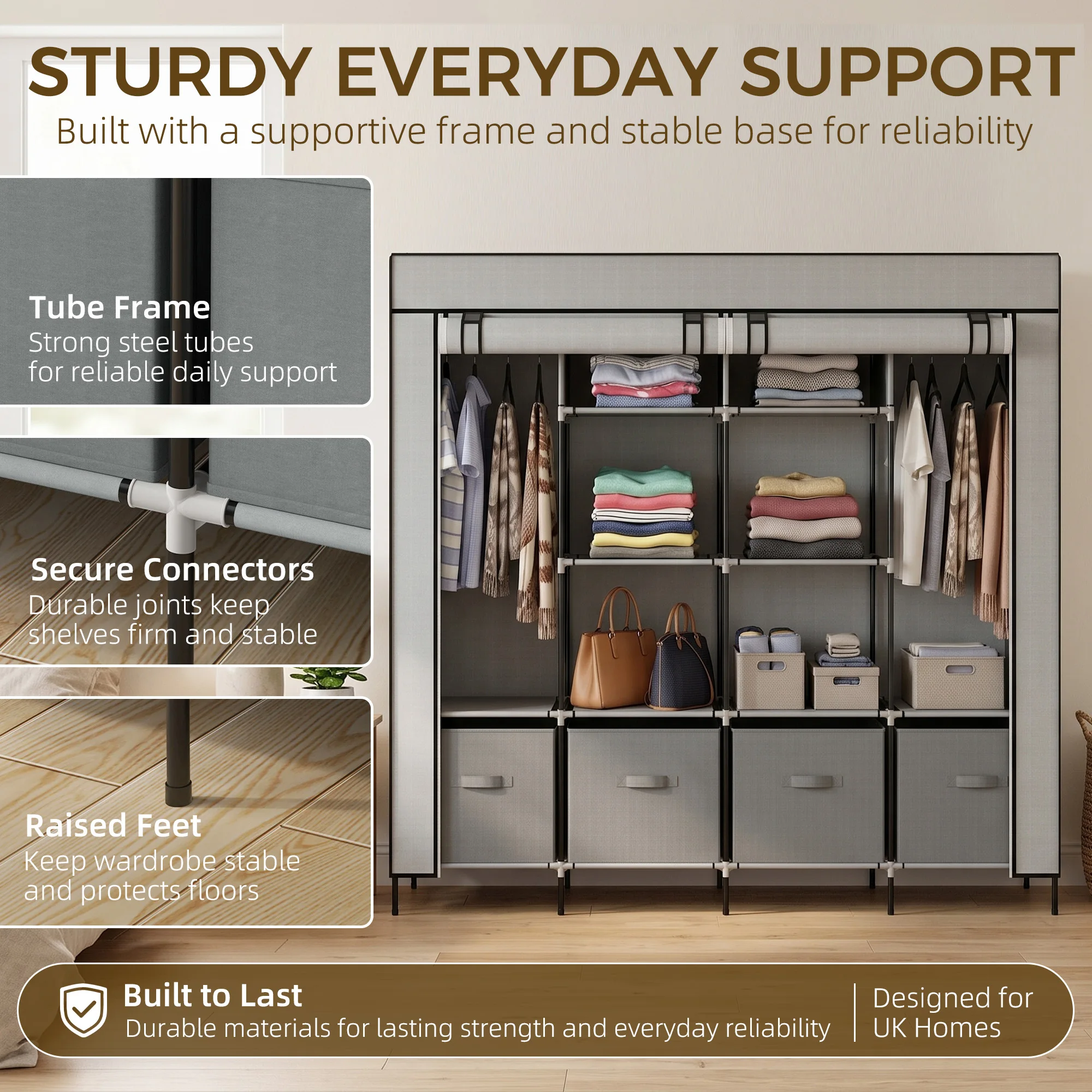 HOMCOM Fabric Wardrobe w/ 12 Shelves 2 Hanging Rails Foldable Closets