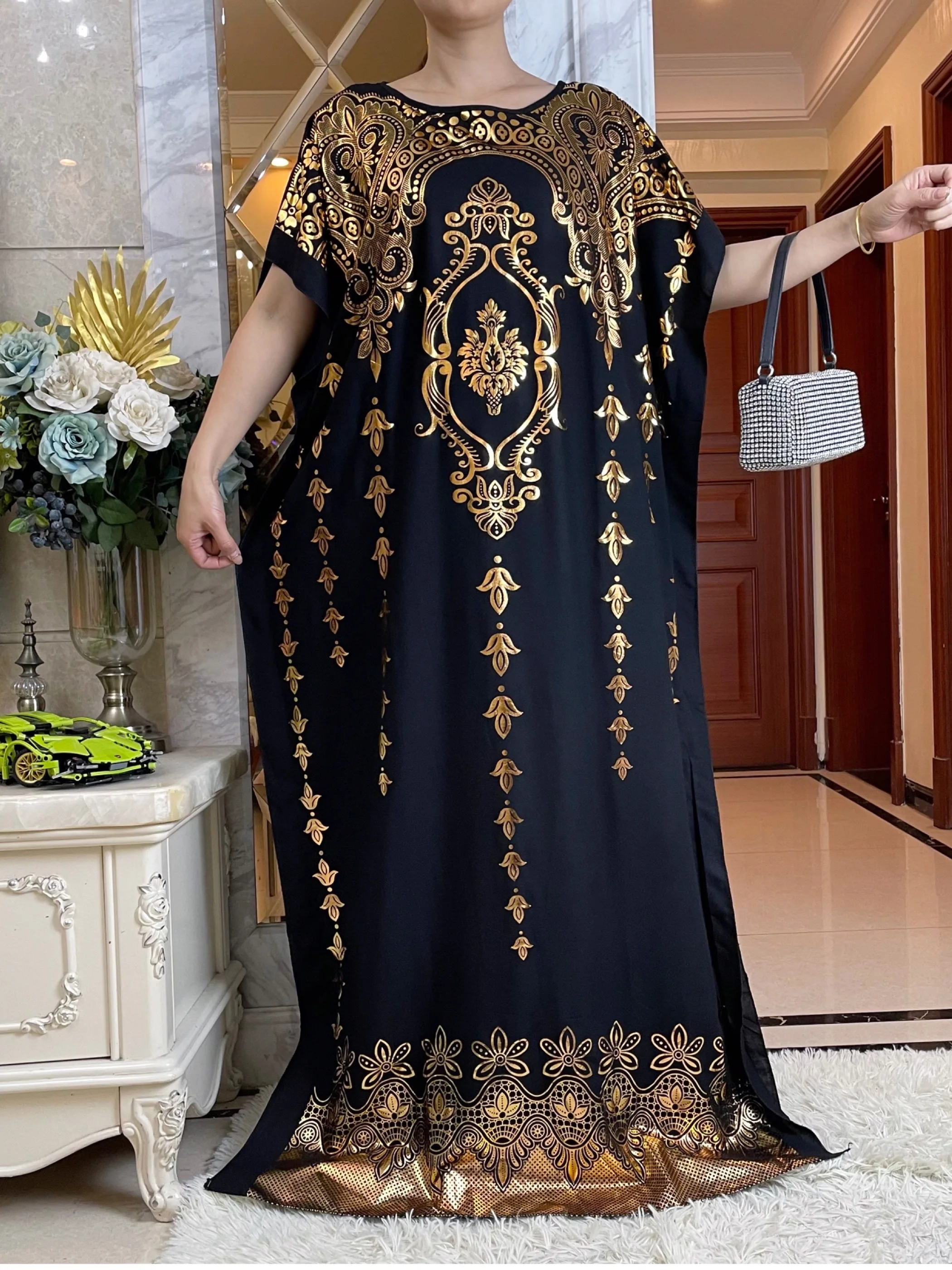 Vestido largo de algodón para mujer, Túnica musulmana de manga corta con estampado dorado, holgada con bufanda grande, Abaya africana, 2024