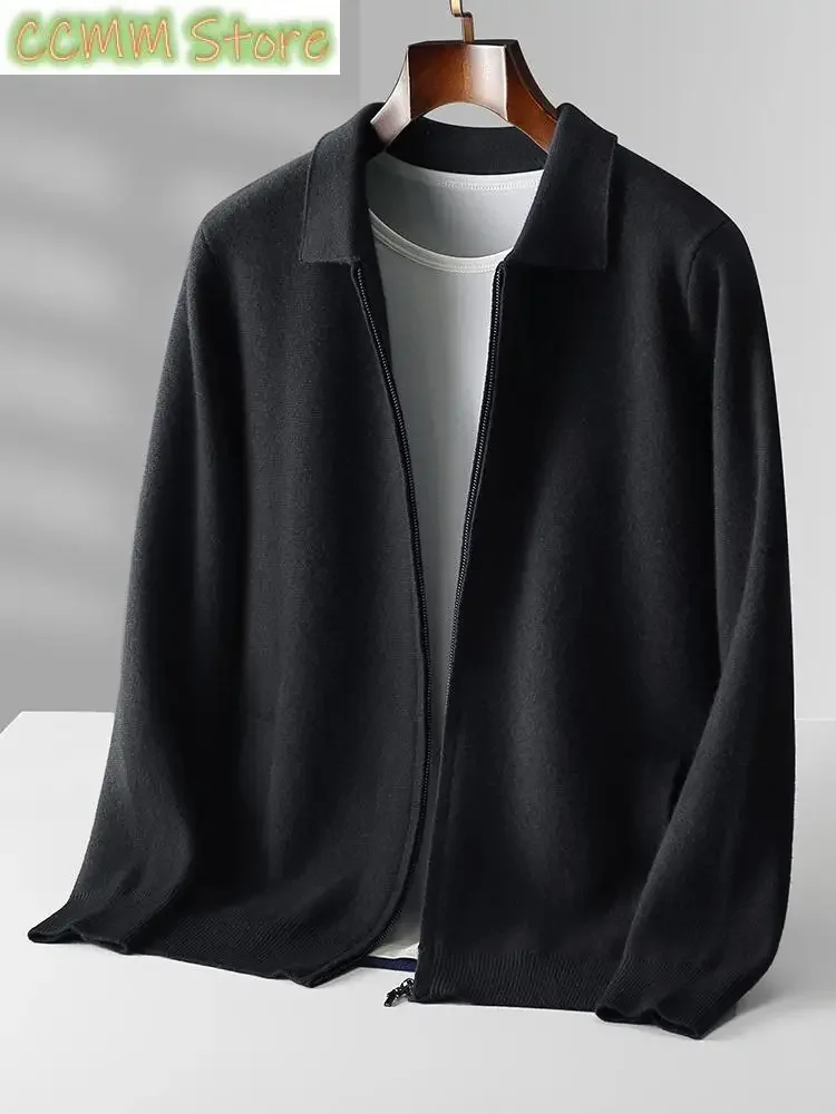 High-end Men's Cardigan 100% Merino Wool Knitted Zipper Jacket Autumn and Winter Thickened Long Sleeve Men's Sweater Lapel Shirt