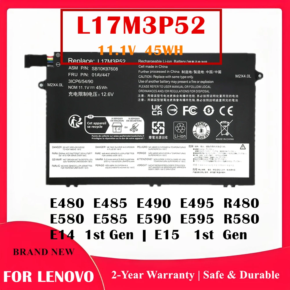 L17M3P52 Laptop Battery 01AV447 SB10K97608 For ThinkPad E480 E485 E490 E495 E580 E585 E590 E595 R480 R580 E14 E15 1st Gen 45Wh