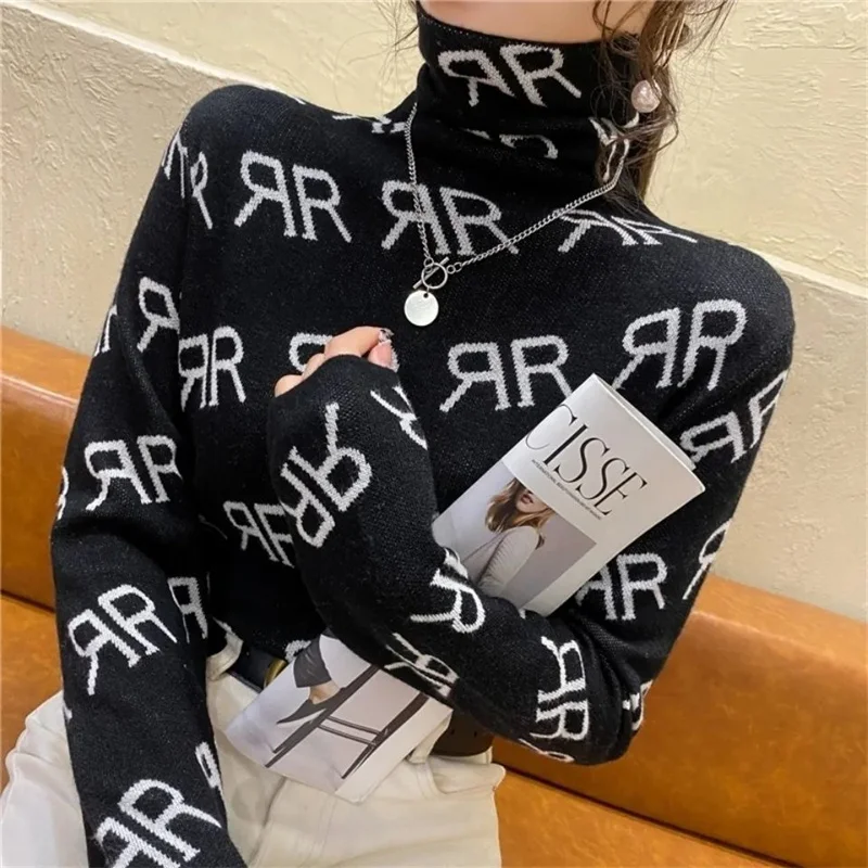 Vintage Letter Print Long Sleeve Turtleneck Soft New T-Shirt For Women Autumn Winter Korean Style Chic Basic Bottoming Tee Shirt