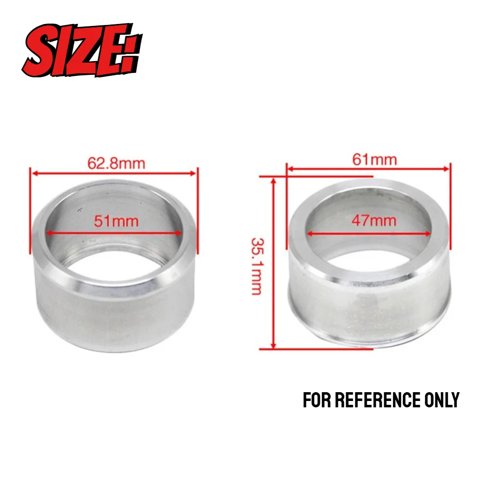 Universal motorcycle exhaust adapter with shock-absorbing and noise-reducing connector, lengths from 60 mm to 51 mm.