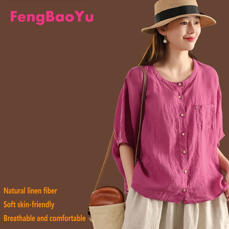 

100% Natural Linen Women's Mid-sleeve Round-neck Simple Elegant Top, Plus-size Women's Wear 3XL, Comfortable for Spring Summer