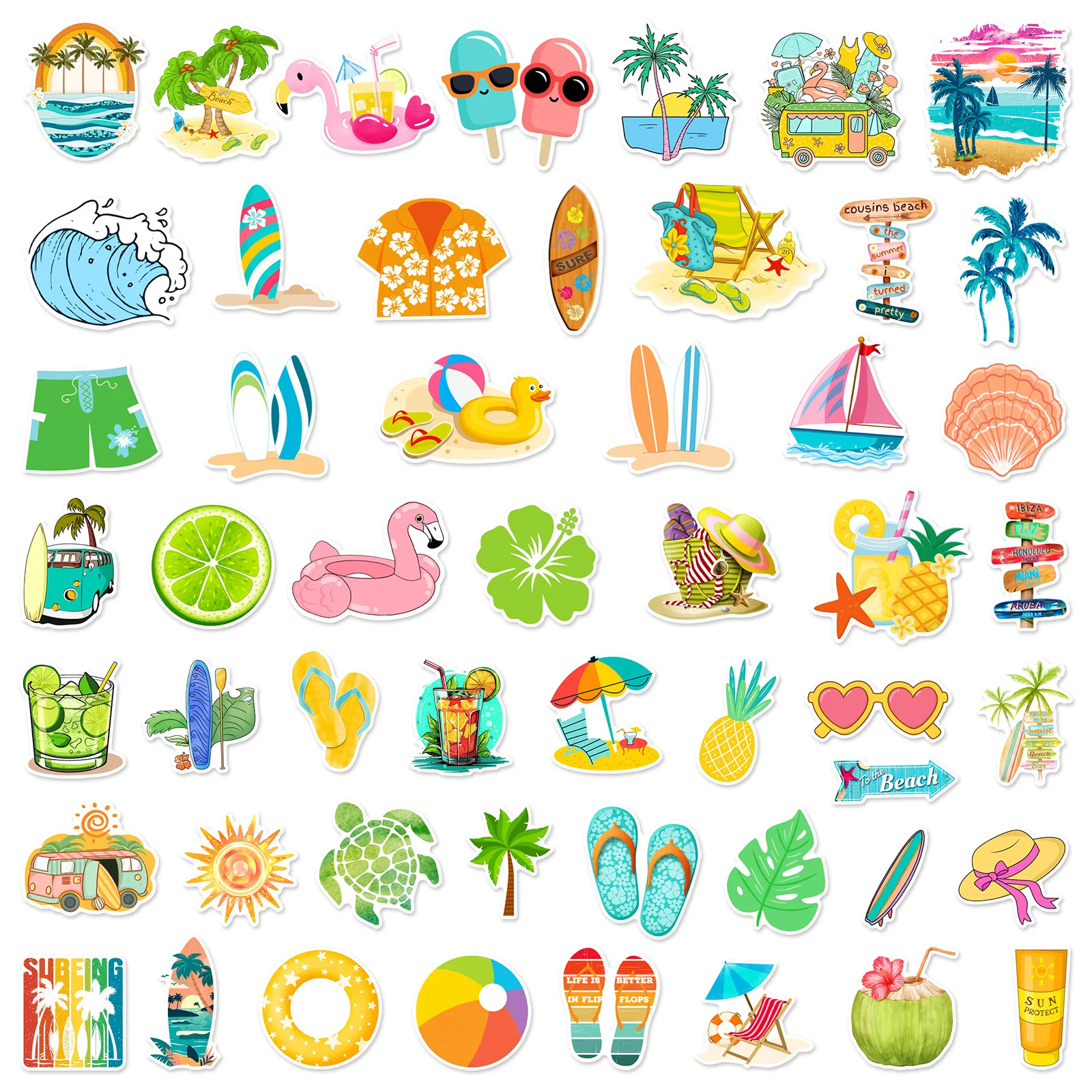 Autocollants waterproof avec motifs de dessin animé pour enfant, stickers, vacances, plage, été, graffiti, DIY, téléphone, ordinateur portable, cahier, valise, tasse, jouet, 50 pièces