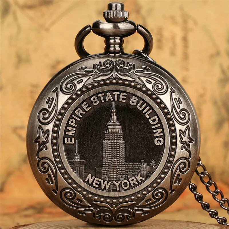 Antique Pocket Watch Men Women Quartz Movement Clock New York Empire Building Design Necklace FOB Chain Collectable Timepiece