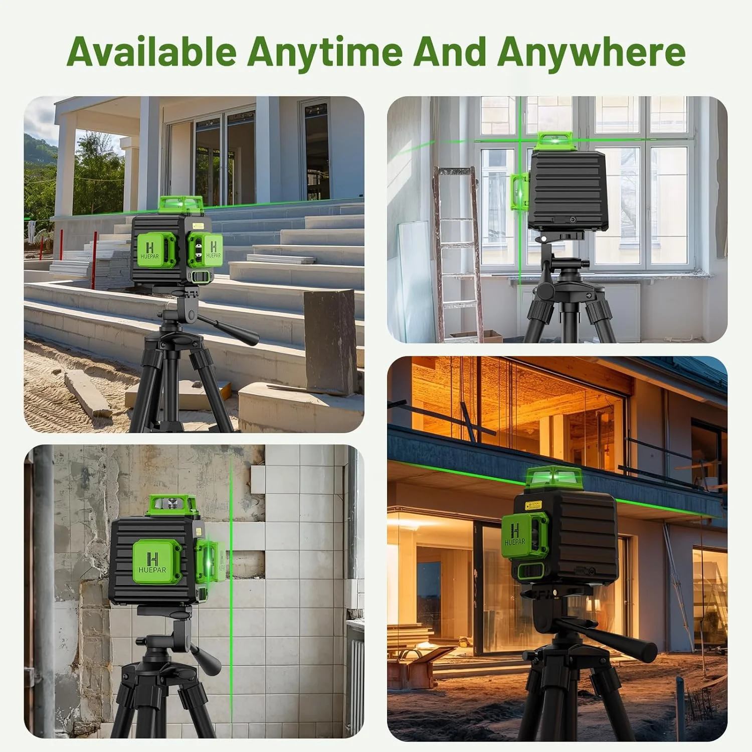 Huepar 3D 12 Lines Laser Level Self Leveling 3 x 360°High Brightness Green Cross Line Laser for Construction and Hard Carry Case