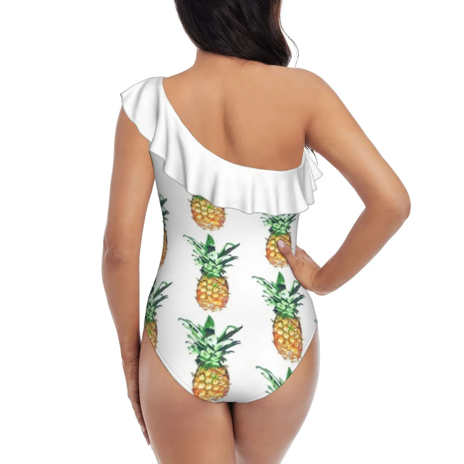 Paper Pineapple One Shoulder Ruffle Swimsuits Bodysuit One Piece Swimwear Women New Female Beach Swimsuit Pineapple Happy