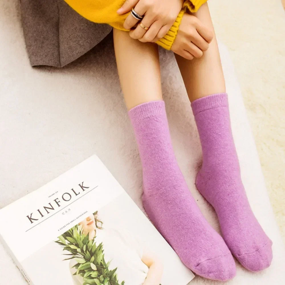 Pure Color Warm Winter Socks Angora Rabbit Hair Female Thickening Wool Socks Cotton Socks Rabbit Wool  Winter
