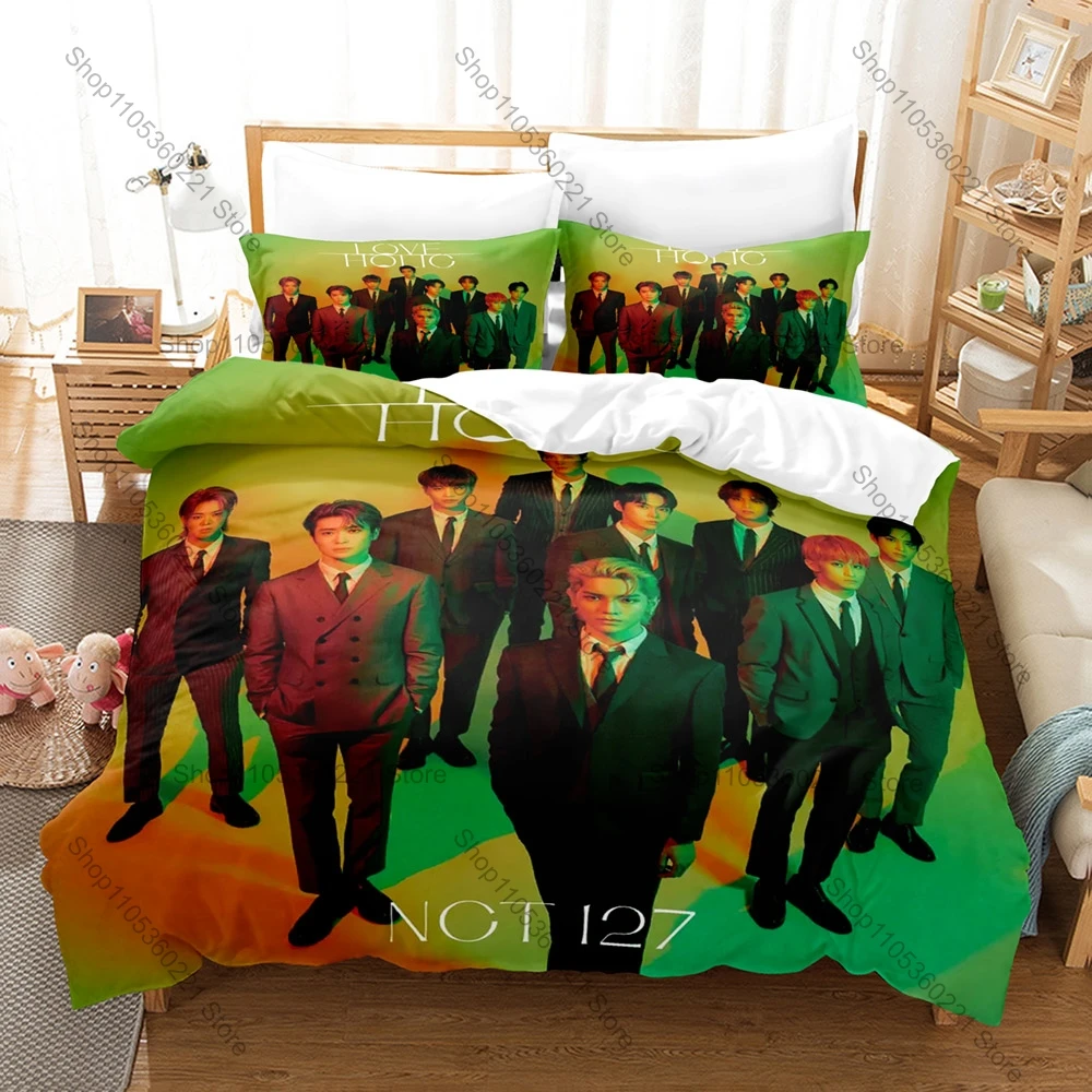 Cool NCT 127 Themed Duvet Cover + 2 Pillowcases Korean Idol Group Graphic Bedding Set for Home Dorm Decoration & Fan Collection