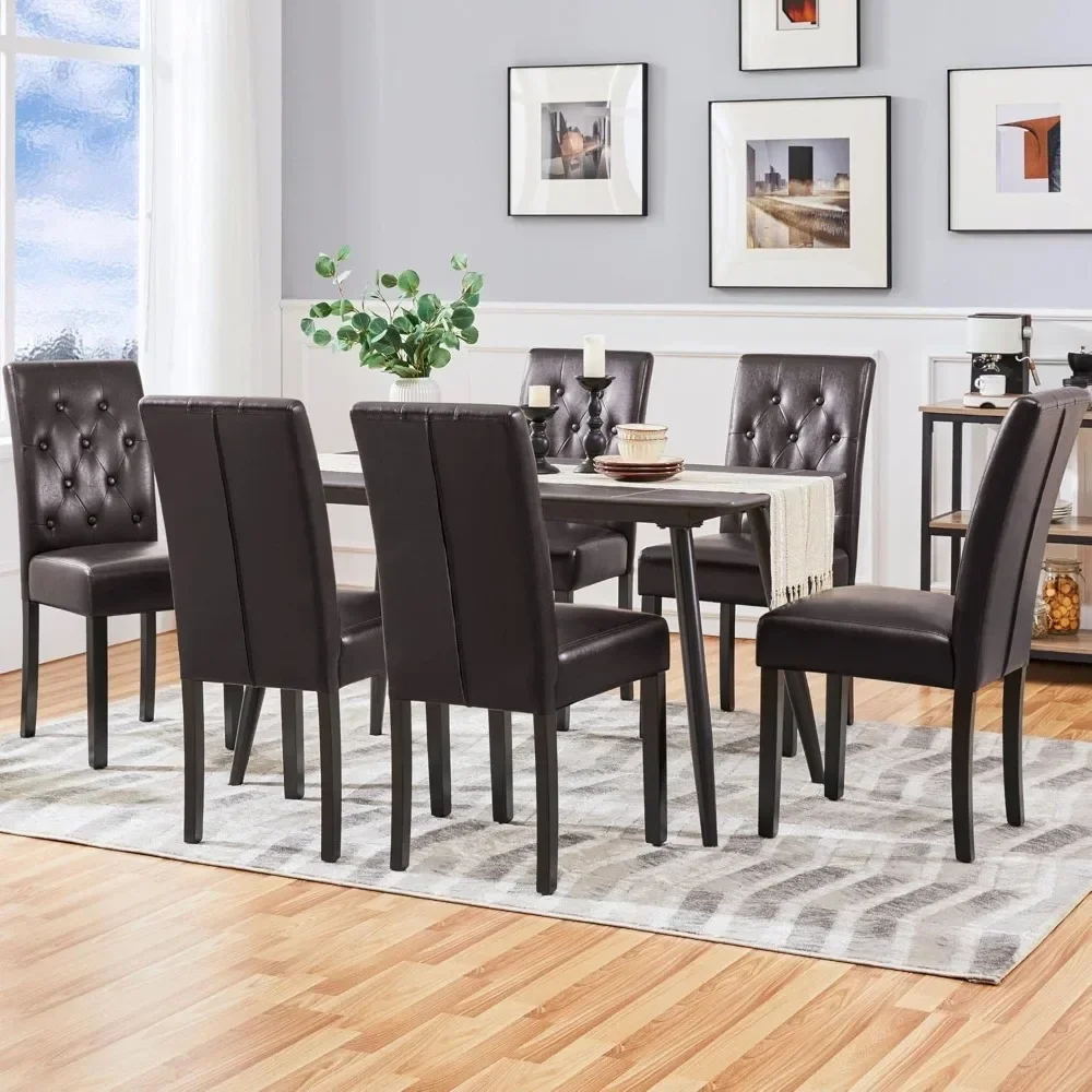 A set of 6 dining chairs with faux leather surface and rubber wooden legs, modern quilted side chairs, suitable for restaurants