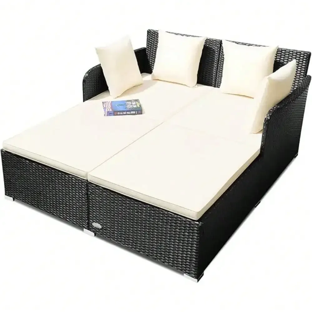 Outdoor Rattan Daybed Patio Loveseat Sofa Set with Padded Cushion Pillows and Sturdy Aluminum Foot, Wicker Furniture