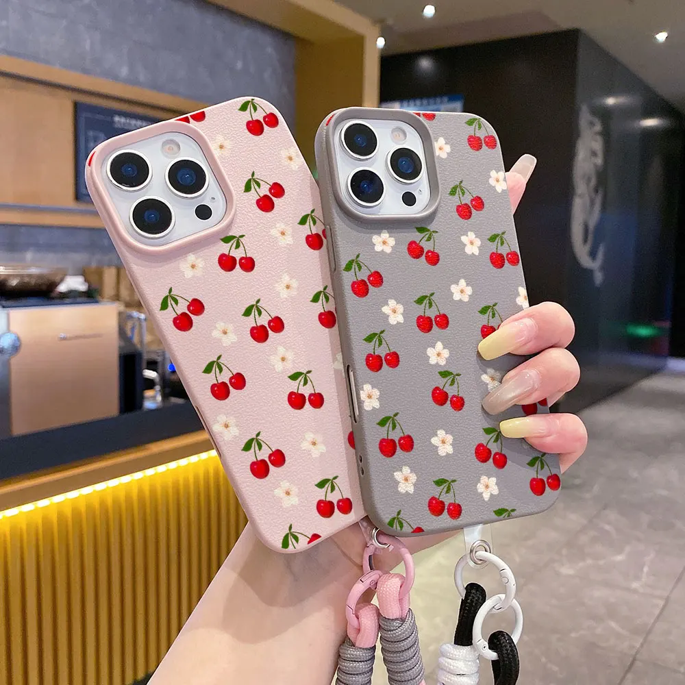 Bumper Phone Case For iPhone 17 16 14 15 11 12 13 Pro Max X XR XS16 15 14 Plus 17 Air With Lanyard Matte Korean Red Cherry Cover view 3