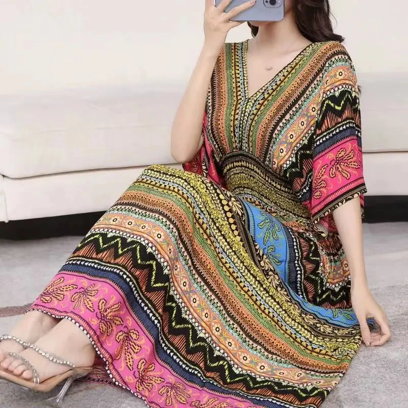 Casual Elegant Retro Bohemian National Style V-neck Elastic  Waist Large Swing Printed Summer Long Skirt Woman Dress Clothes images - 6