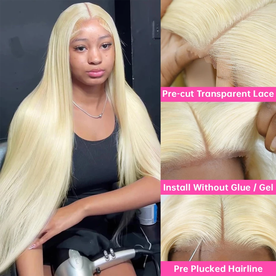 613 360 Invisible Drawstring Lace Frontal Wig Ponytail Pre Plucked Straight 13x4 13x6 Lace Front Human Hair Wig Glueless 5x5 Closure Wig Brazilian Honey Blonde Colored Human Hair Wig 250 Density Adjustable Invisi Strap Wigs
