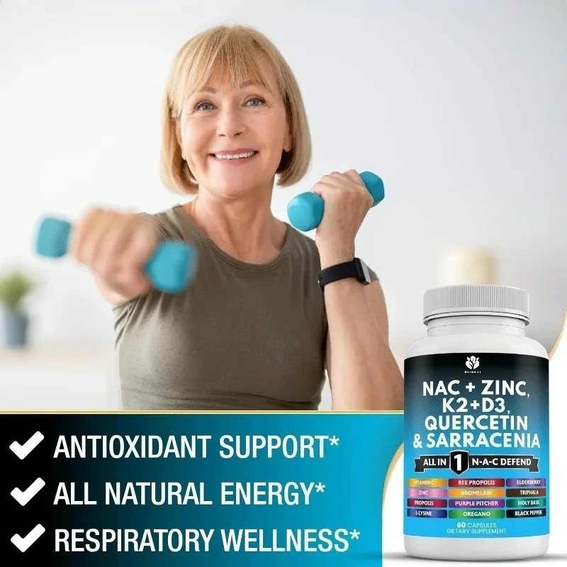 NAC supplements contain vitamin D3, K2, zinc, quercetin, elderberry, propolis, bromelain, and lysine-60 capsules