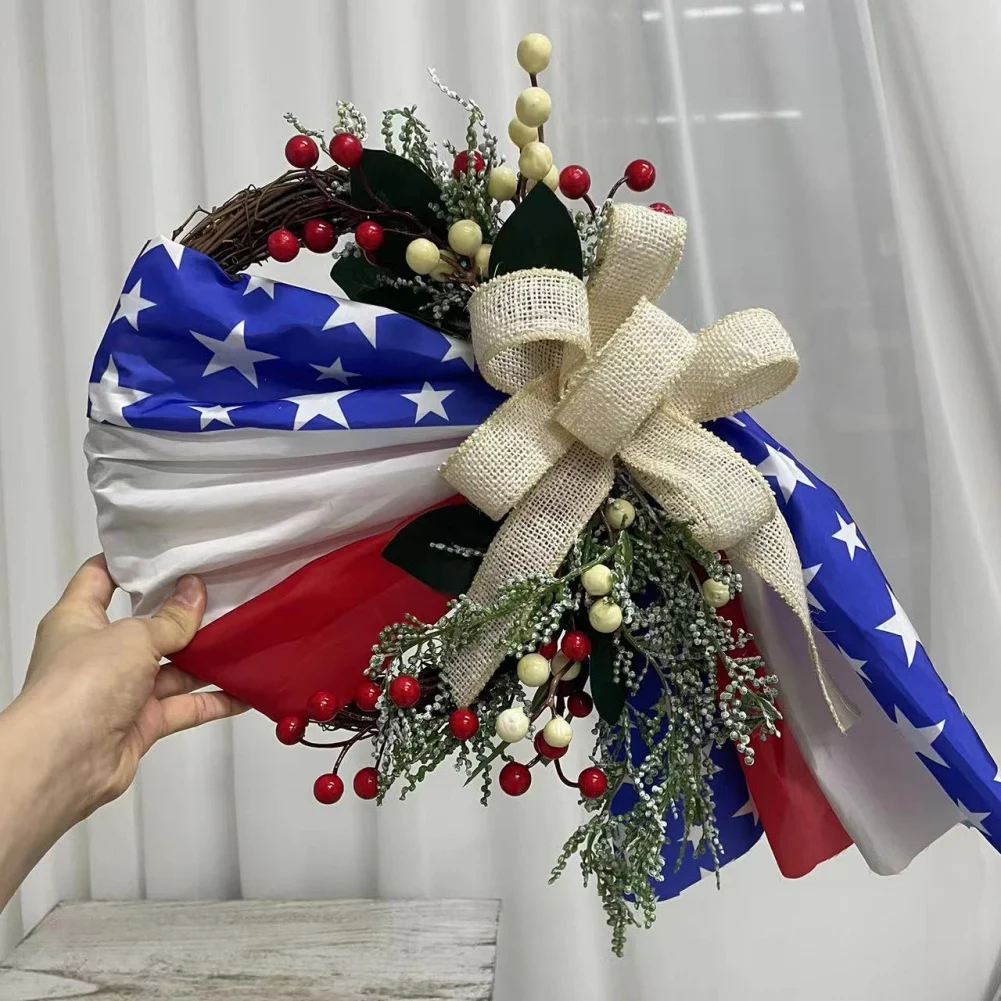 July 4th Wreath Patriotic Americana Wreath Handcrafted Memorial Day Wreath Festival Garland Decoration Front Door Home Decor