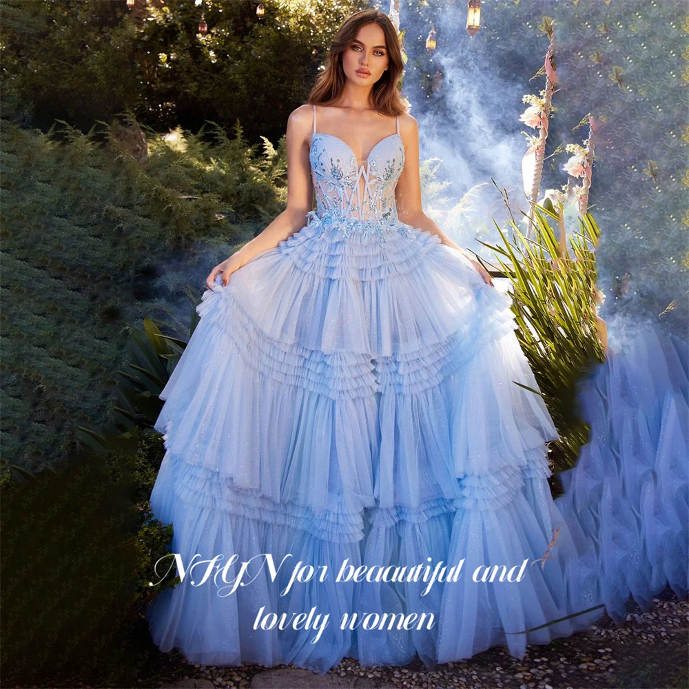 

NFYN Blue A-Line Sweetheart Formal Gown Spaghetti Strap Woman Night Dress Pleat Prom Evening Dresses with Appliques Customized