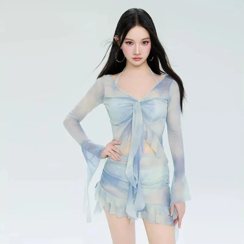 

Женский комплект бикини из 3 предметов: синий тай-дай, топ-халтер, пуш-ап, низ с рюшами, сетчатая юбка-накидка