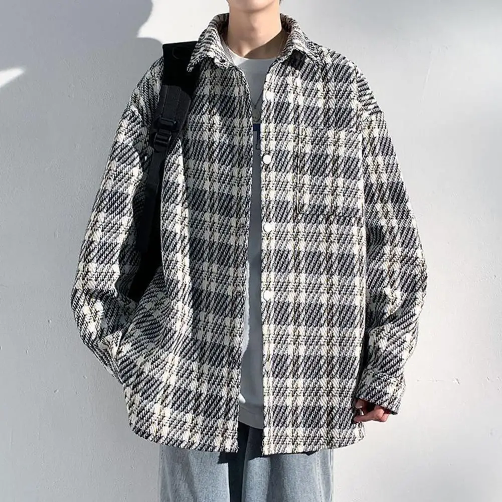 Men Autumn Winter Plaid Print Shirt Coat Lapel Long Sleeve Pockets Jacket Loose Fit Single-breasted Woolen Coat Outwear