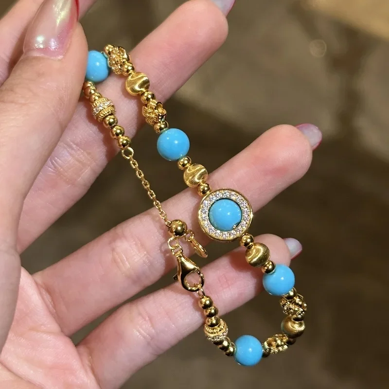 Turquoise bracelets for women Creative new in light luxury retro Cat eye shaped round bead blue bangles fashion jewelry - view 3