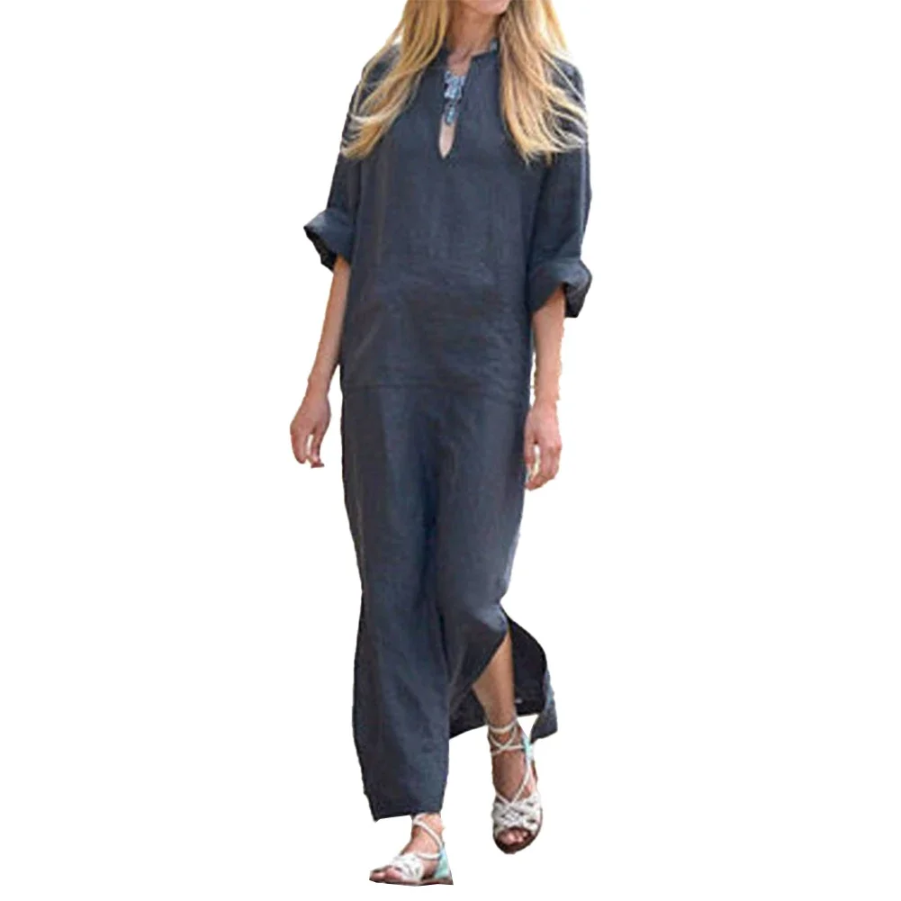 For Women Dress Baggy Loose Casual Cotton Linen Kaftan Dress Ladies Pocket Non Strech Solid Color High Quality