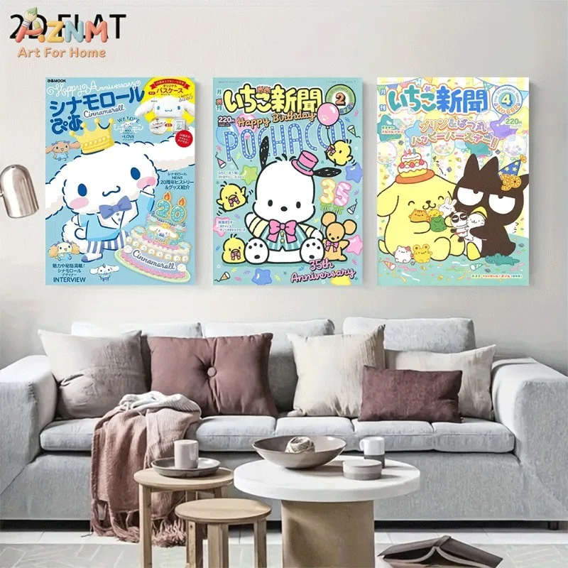 AZNM Unframed Canvas Wall Art Cinnamoroll Pochacco Bad Badtz Maru Sanrio Strawberry Newspaper Magazine Poster Birthday Print Gir