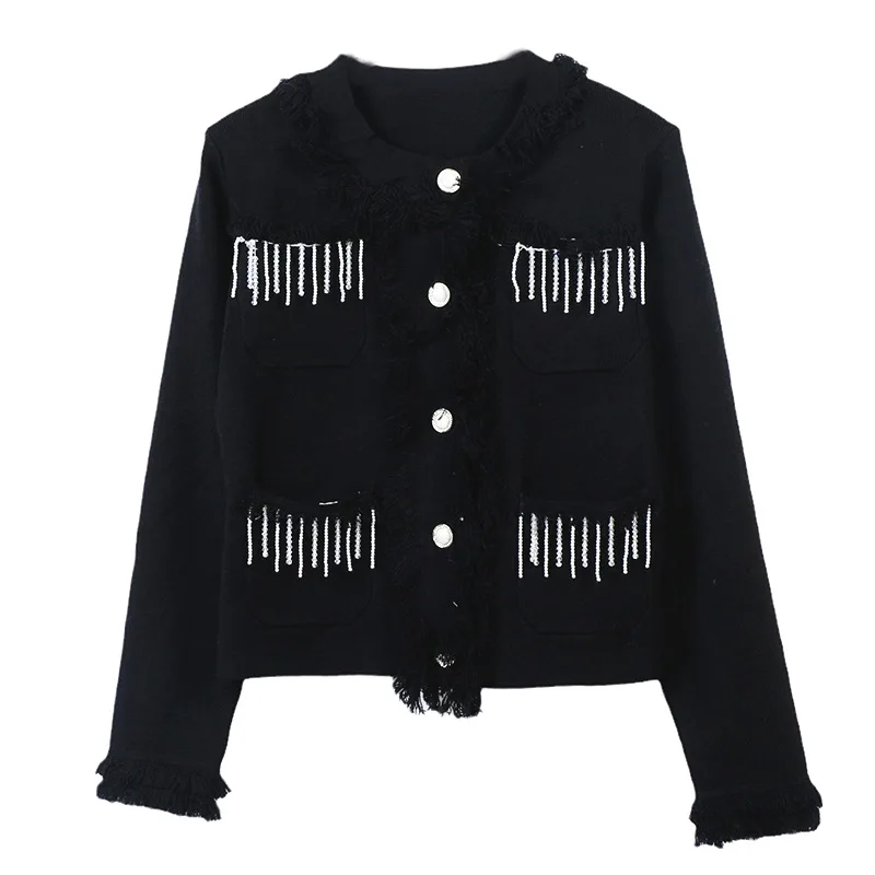 

Contrast Tassel Beaded Black Cardigan 2023 Autumn Winter Knitwear Women's Long Sleeved Loose Fashion Crowd Knitted Cardigan