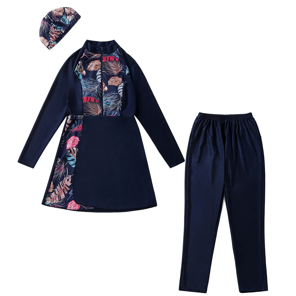 Women Muslim Swimwears Tops Print Kaftan Arab Pencil Pants Three Pieces Elastic Waist Swim Bathing Cap Spliced Sportswear