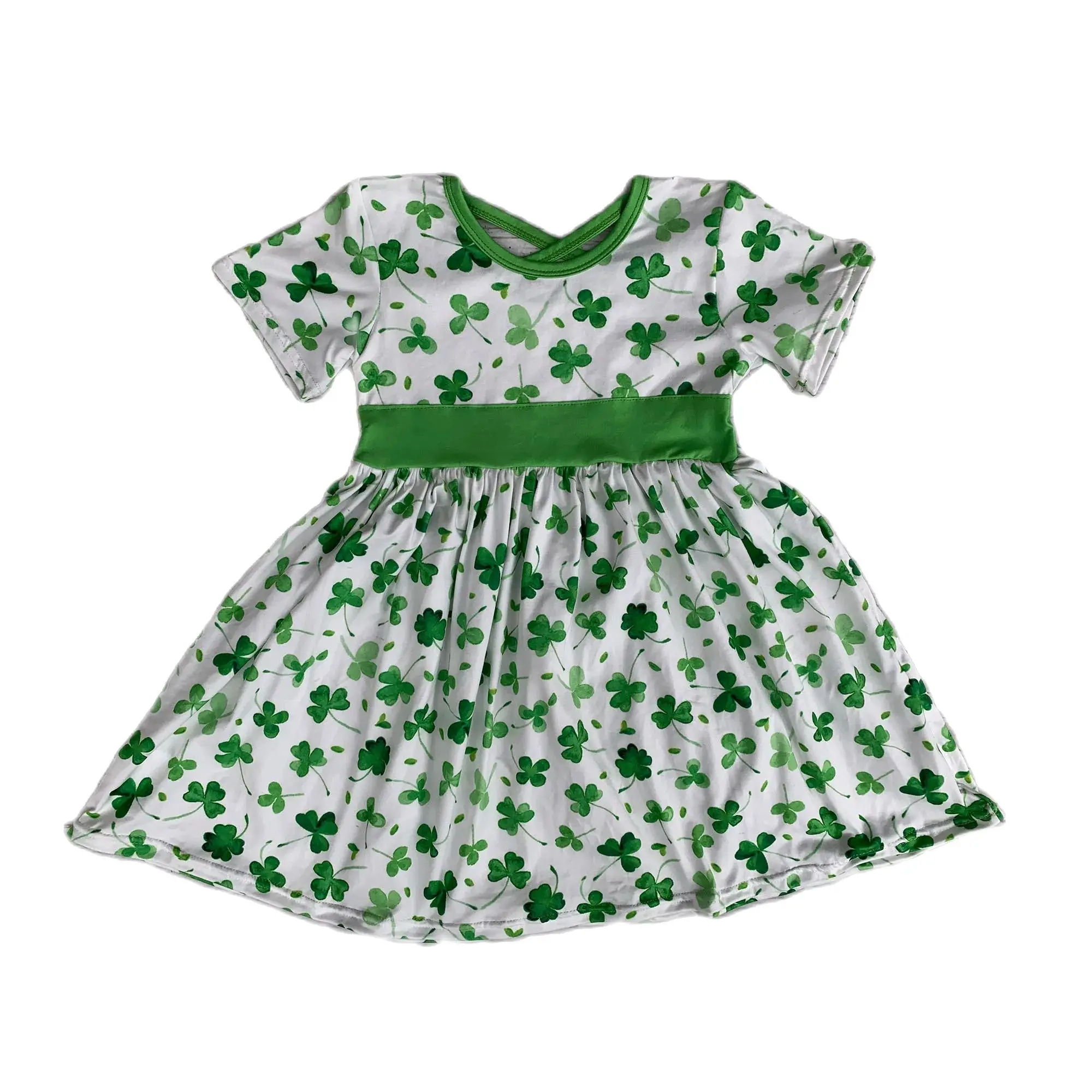 

Boutique baby girl short-sleeved dress St. Patrick's clothing shamrock print toddler holiday clothing wholesale