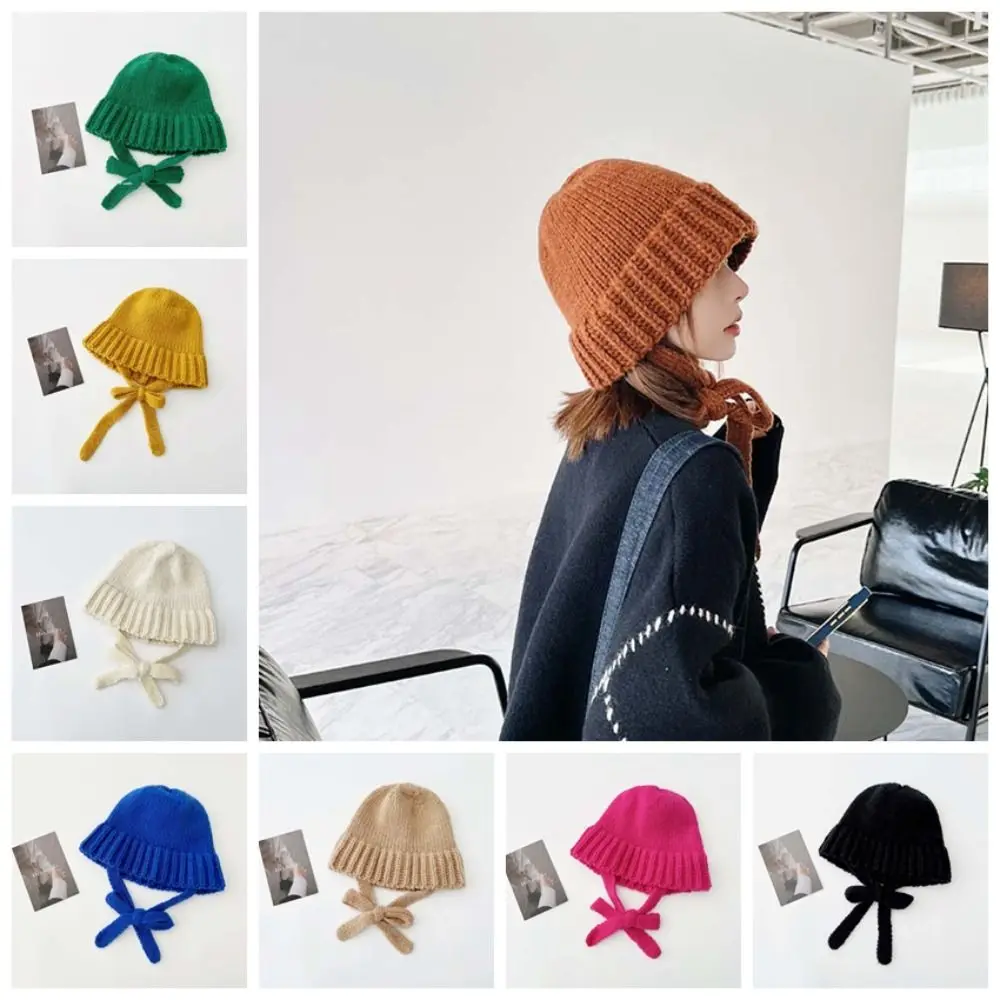 Cute Bowknot Strap Knitted Hat Warm Cap Korean Crochet Basin Cap Jennie Style Wool Hat Knit Beanie Girls