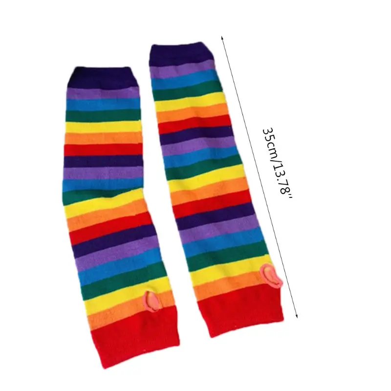 Rainbow Colorful Striped Knitted Arm Warmer with Thumb Hole Halloween Costume Fingerless Long Gloves for Women Girls Dropship