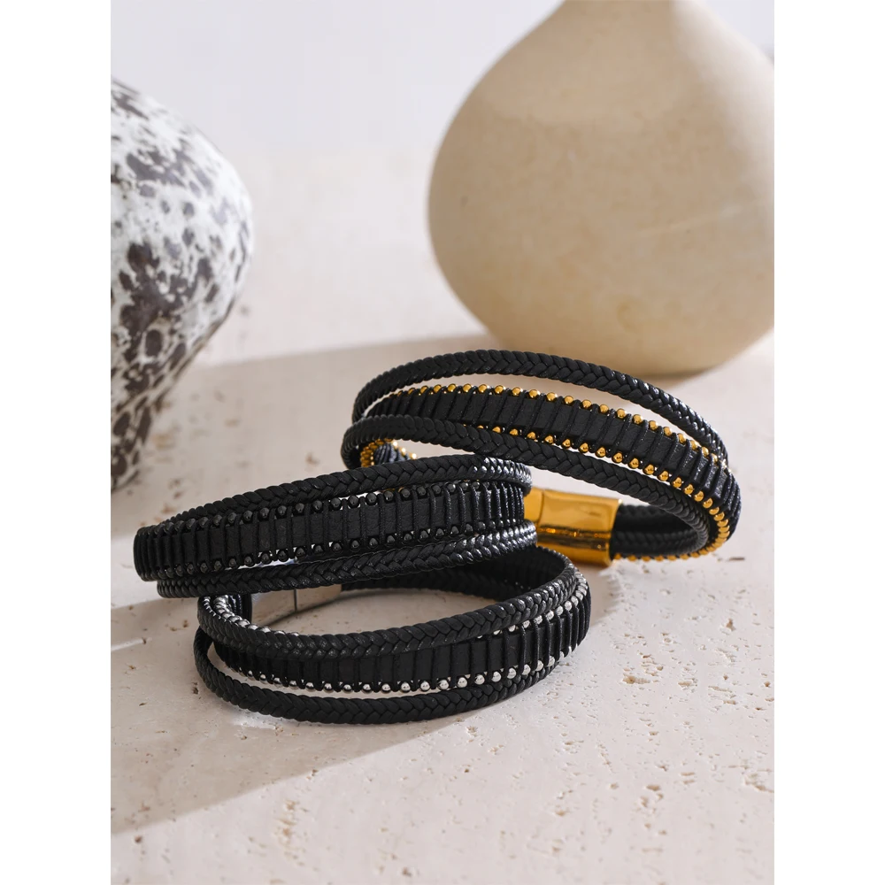 Yhpup 22cm Rope Braided Fiber Leather Layered Men Wrist Bracelet Classic Stainless Steel Vintage Charm Jewelry Accessories