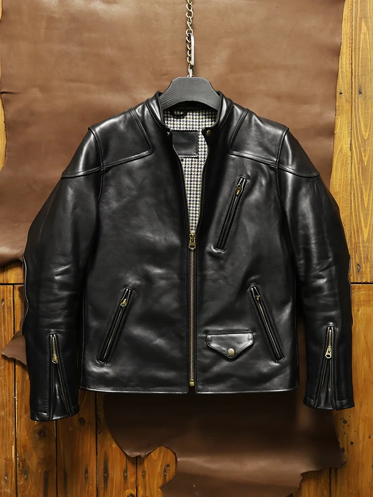 

Classic New Sle Motorcycle Jaet Men's Light Waed Stand Collar Leather Coat Trendy Urban Faion Autumn Season ort Length