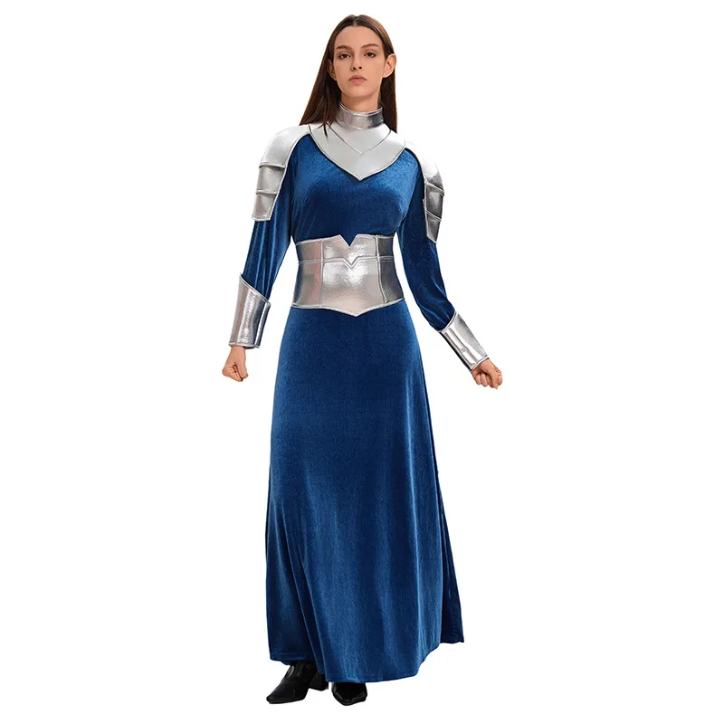 

Women Robot Warrior Costume Cosplay Modern Technology Space Movie Costumes Blue Cop Dress with Silver Shawl Belt Bracelet