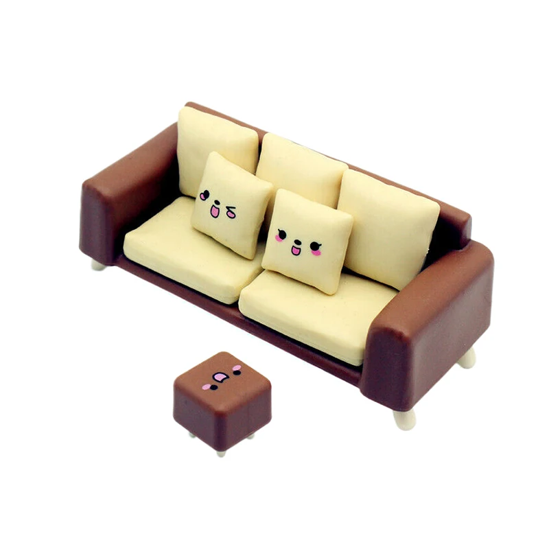 1Set 1:12 Dollhouse Miniature Sofa W/Stool Tofu Sofa Pillow Cushion Living Room Furniture Model Decor Toy Doll House Accessories