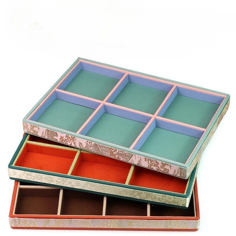Vintage Chinese Silk Brocade Multi‑Grid Jewelry Display Tray For Bracelet Bangle Pendant Wenwan Bead Shop Viewing Organizer Tray