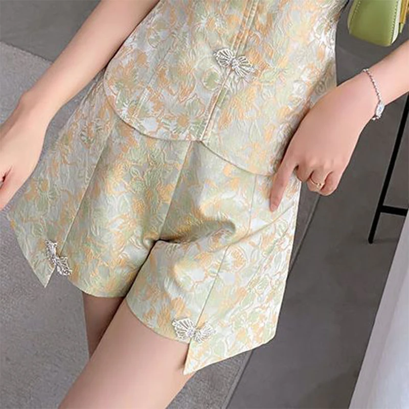 Sommer neue chinesische Stil Mesh Patchwork elegante Top weites Bein Shorts zweiteilig Set Frauen Temperament Pullover kurze Hosen Anzug