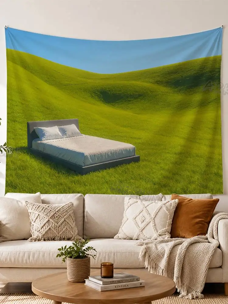 Cool Fashion Frutiger Aero Wall Tapestry Blue Sky Rainbow Palm Tree Pool Green Hill Scenery Fresh Nature Beach Backdrop Decor