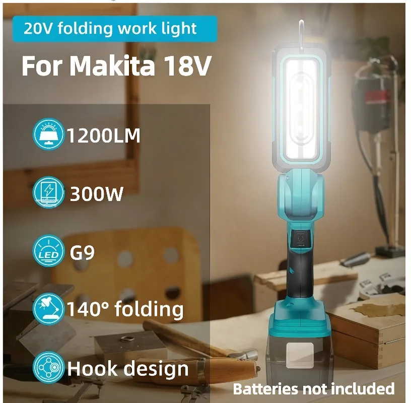 100W LED flashlight work light for Makita 18V lithium battery, with hook, rotating head, folding light, suitable for outdoor use
