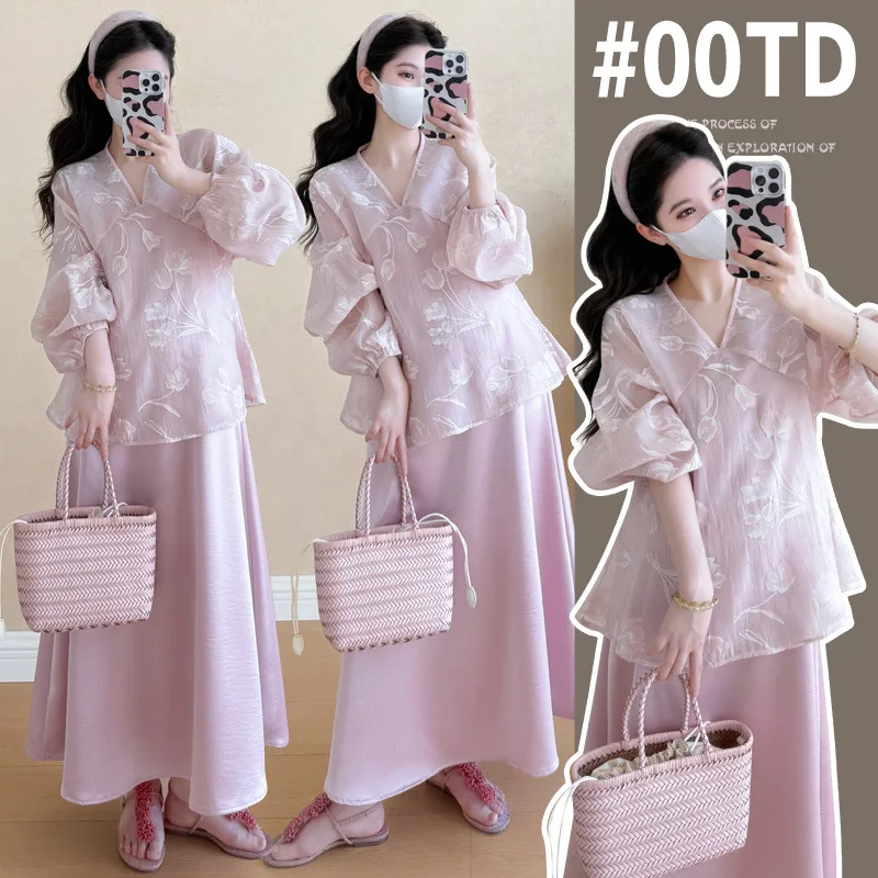 

Elegant Chinese Style Maternity Set for Pregnant Women Minimalist Luxury Dress Outfit Sophisticated Early Autumn Pregnancy Wear