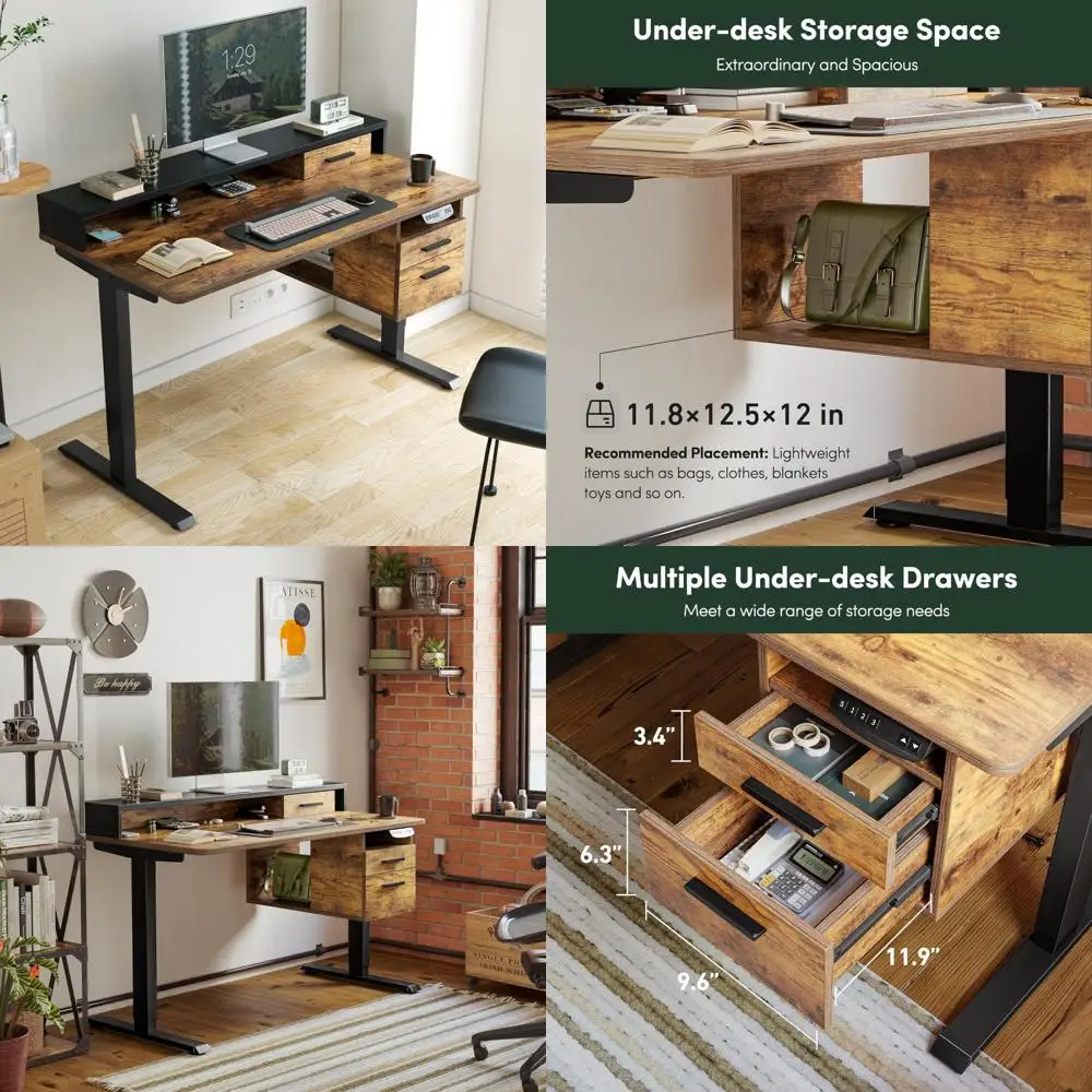 مكتب قائم كهربائي بني ريفي مع رف شاشة و3 أدراج وتخزين مفتوح لمحطة عمل الكمبيوتر المكتبية المنزلية، 48 بوصة ×
