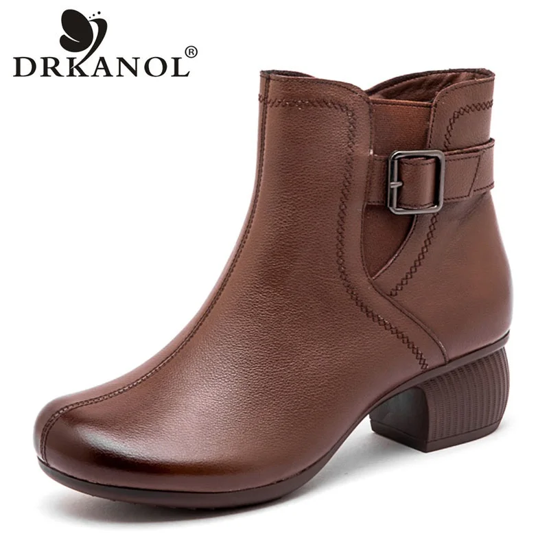 

DRKANOL Women Thick Heel Ankle Boots Winter Handmade Retro Style Genuine Leather Side Zipper Plush Warm Casual Short Boots H6177