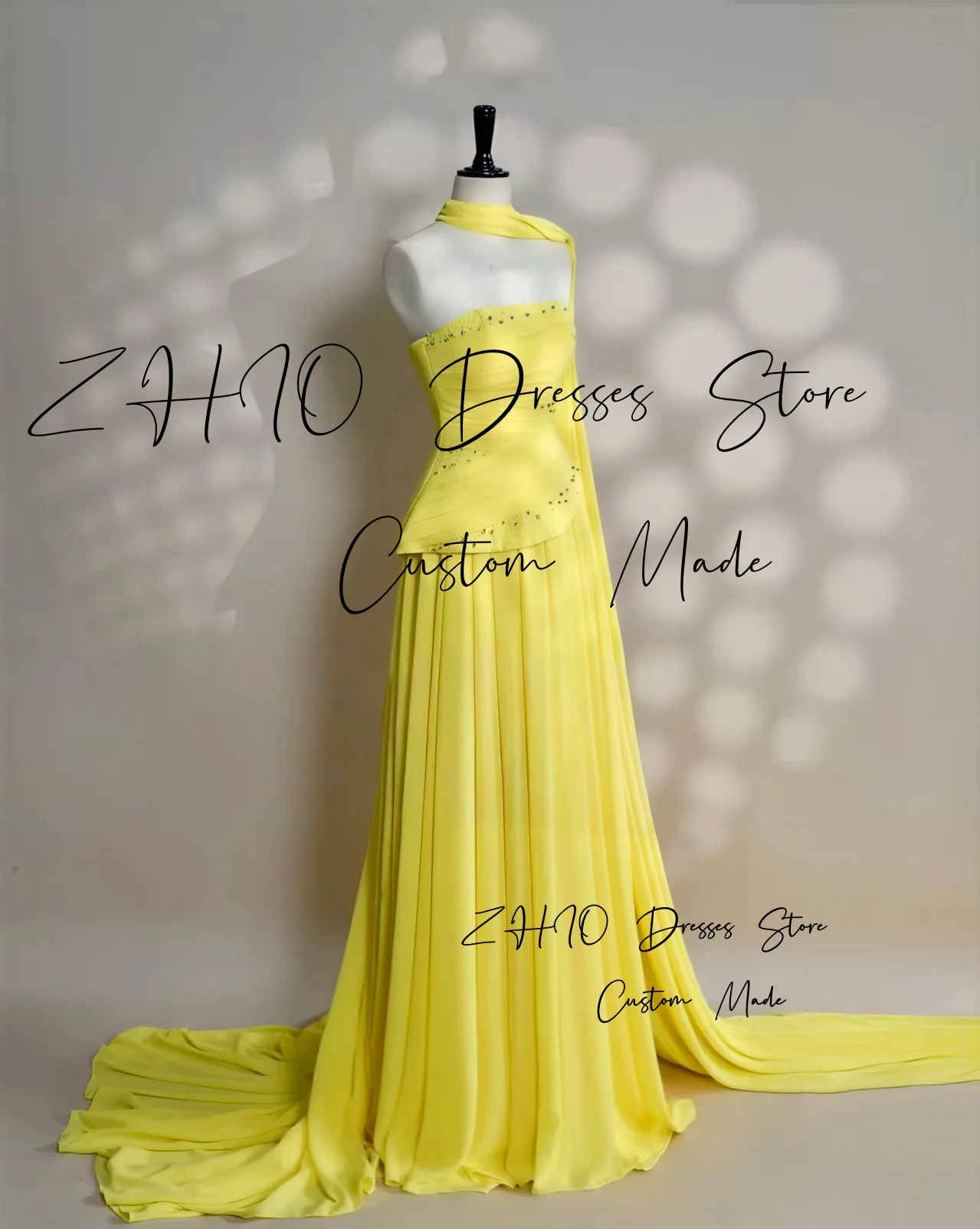 فستان ZHIO أنيق لحفلات الزفاف من الخرز الأصفر بدون حمالات مع وشاح متدرج سويب تراين فساتين الاحتفال ثوب مسائي مخصص