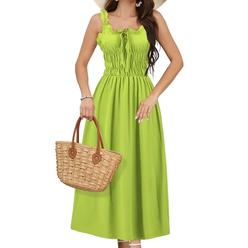 

LIBIELIY New 2025 Women's Dress Resort Solid Color Waist-Cinching Ruffle Flutter Sleeve V-Neck Short Sleeve Mid-Waist Camisole M