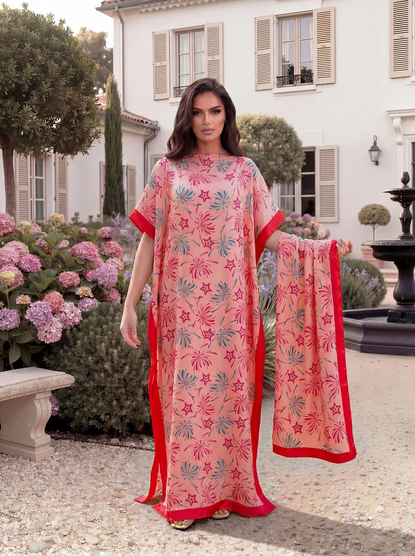 Firework Star Print Satin Abaya Scarf Set, Loose Batwing Maxi Kaftan, Muslim Women Summer Holiday Daily Beach Long Dress