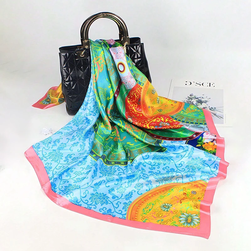 90cm Mode Echarpe Femmes Chale Style Chinois Imprime Soie Satin Hijab Femme Marque De Luxe carre Dame Silencieux Foulard Bandann